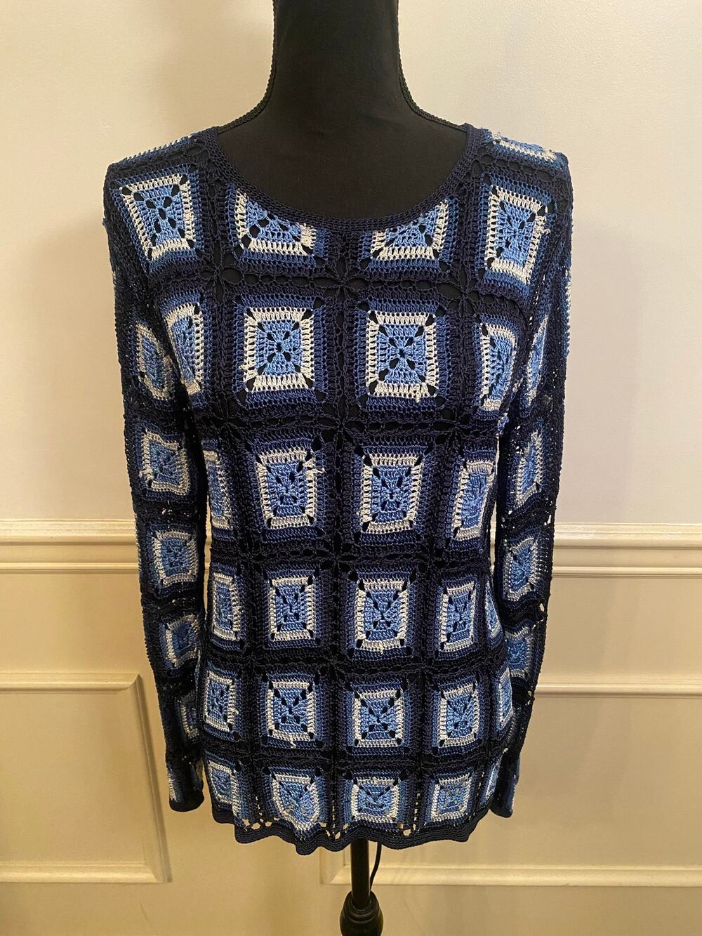 Vintage Kroshetta Granny Square Knit Long Sleeve Top Sweater Geometric Viscose
